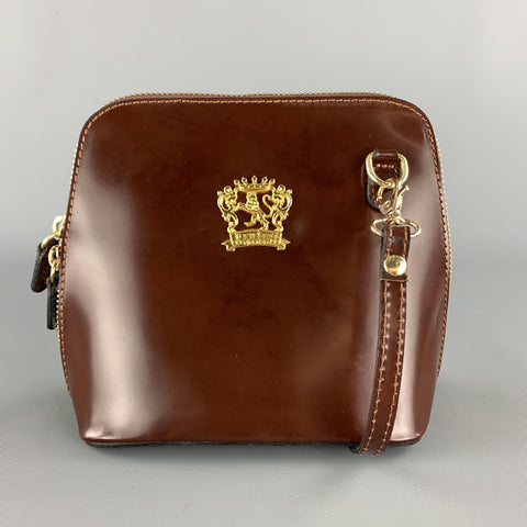 PRATESI Mini sac à bandoulière carré en cuir marron avec fermeture éclair et plaque dorée