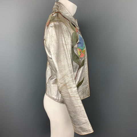 Vintage EAST WEST MUSICAL INSTRUMENTS Janti Size XL Silver Hand Painted Applique Zip Up Jacket