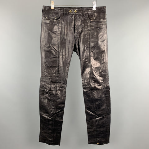 DIESEL Size 30 Black Leather Zip Fly Snap Biker Jeans