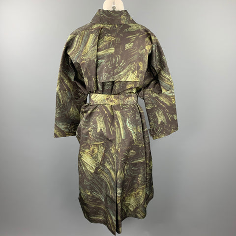 JIL SANDER Size S Olive Print Silk Belted Oversized Coat