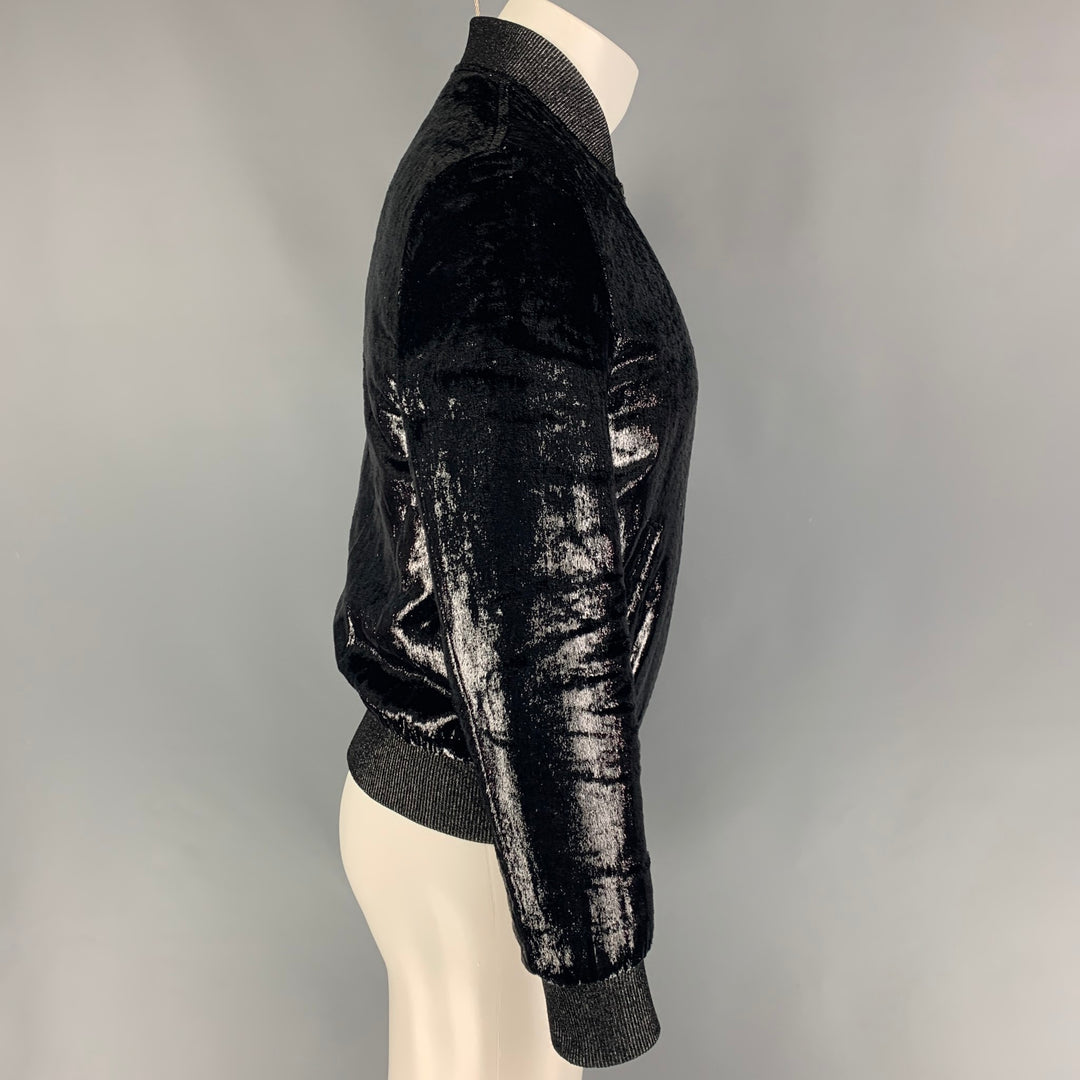 SAINT LAURENT 2017 Size 36 Black Metallic Polyamide Silk Bomber Jacket