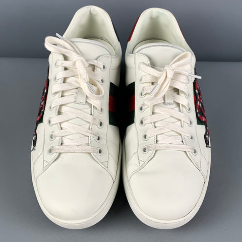 GUCCI Size 12 White Applique Leather Lace Up Ace Sneakers
