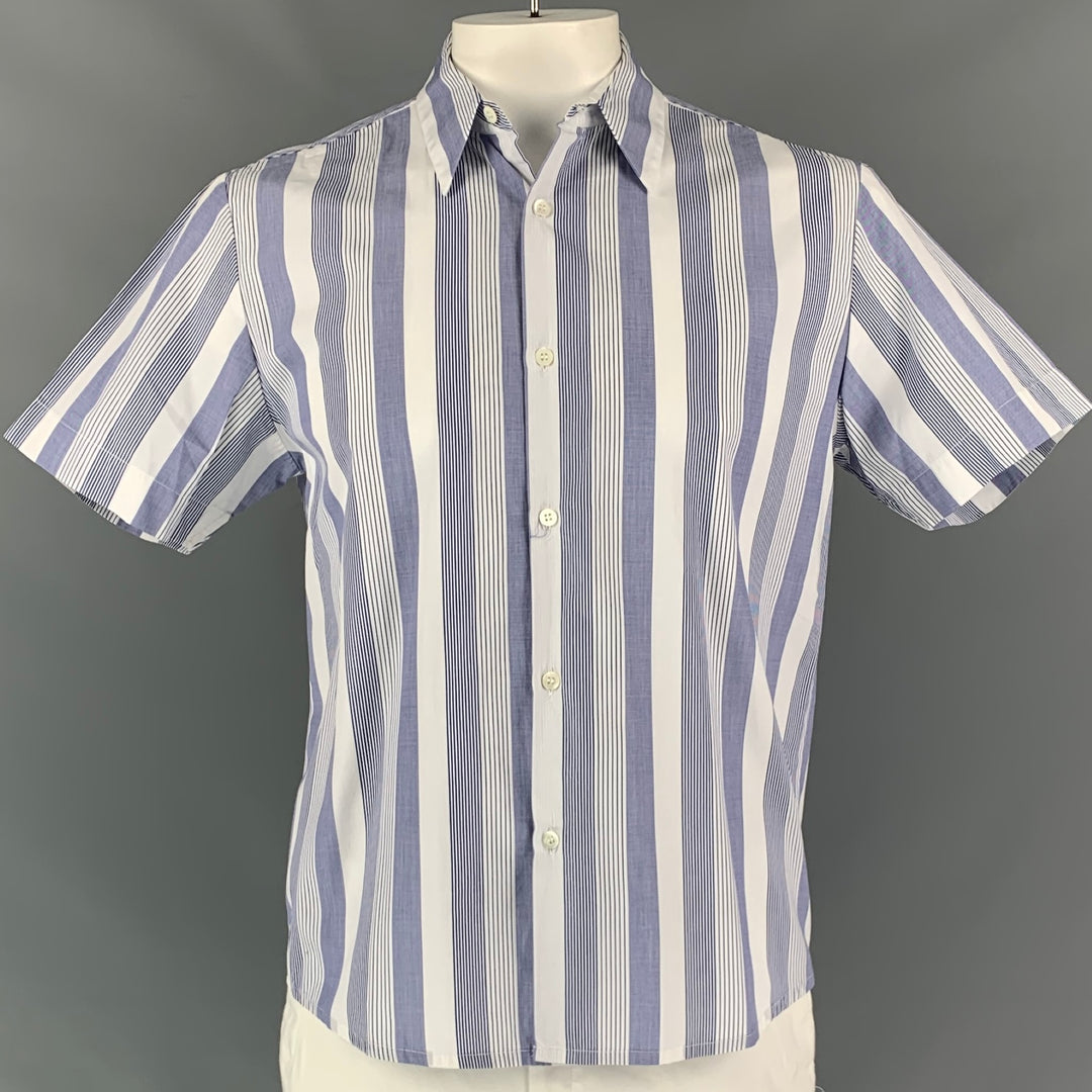 DRIES VAN NOTEN Size 42 Blue & White Stripe Short Sleeve Shirt