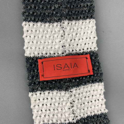 ISAIA Grey & White Striped Cotton / Linen Knit Skinny Tie