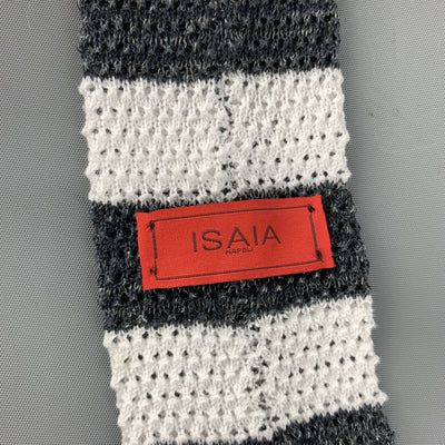ISAIA Grey & White Striped Cotton / Linen Knit Skinny Tie