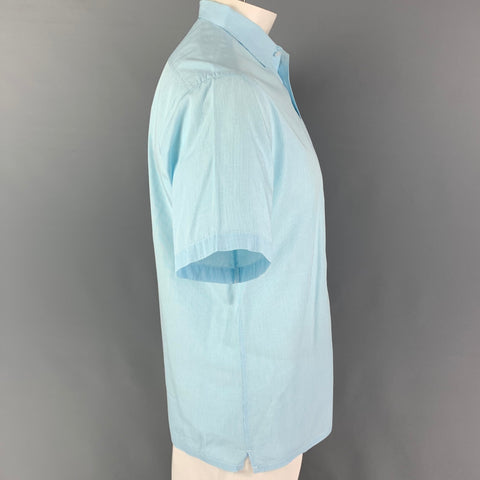 EMILE LAFAURIE Size L Turquoise White Checkered Cotton Short Sleeve Shirt