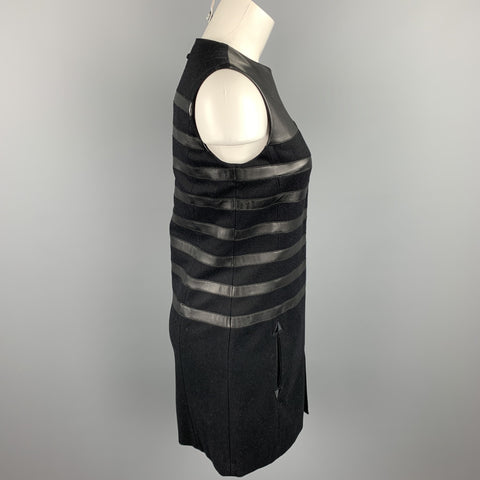 GAULTIER 2 Size 6 Black Virgin Wool Leather Trim Shift Dress