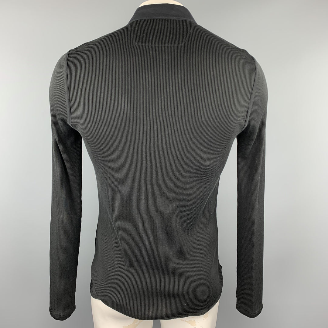JOHN VARVATOS Size L Black Ribbed Cotton / Silk Ribbed Buttoned Long Sleeve Polo