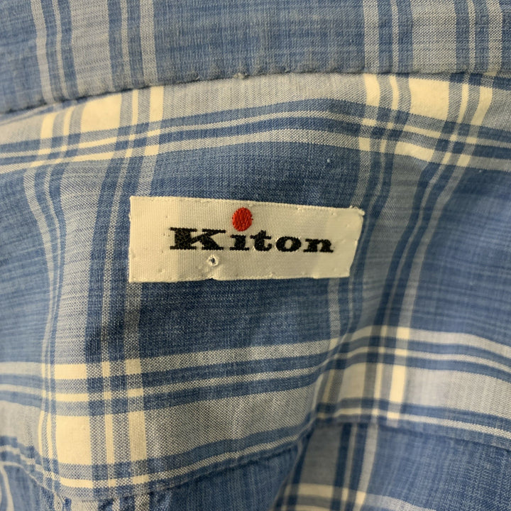KITON Taille L Chemise à manches longues boutonnée en coton à carreaux bleu et blanc