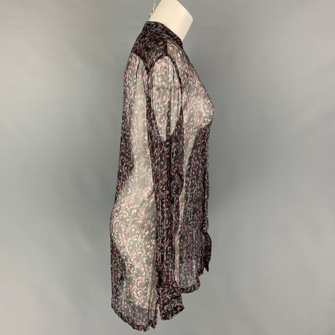DRIES VAN NOTEN Size 6 Purple Black Silk Metallic Silver Blouse