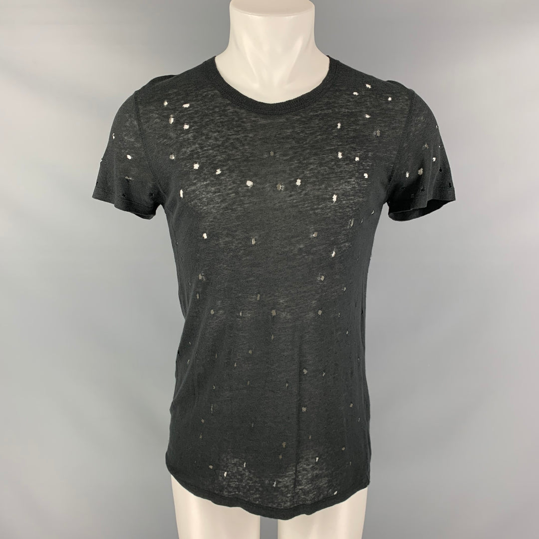IRO CLAY Size XS Black Distressed Linen Crew-Neck T-shirt