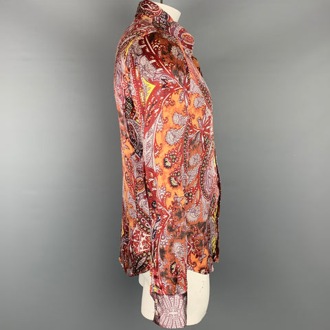 JUST CAVALLI Camisa de manga larga con botones de seda con estampado burdeos y marrón talla L