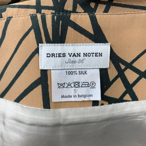 DRIES VAN NOTEN Size 4 Gold & Black Silk Print A-Line Skirt