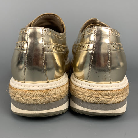 PRADA Size 10 Gold Metallic Leather Platform Lace Up Shoes