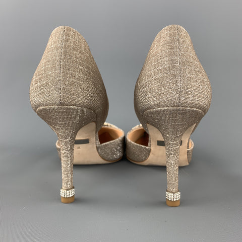 BADGLEY MISCHKA Size 8 Silver Metallic Beige Fabric Rhinestone Buckle D'orsay Pumps