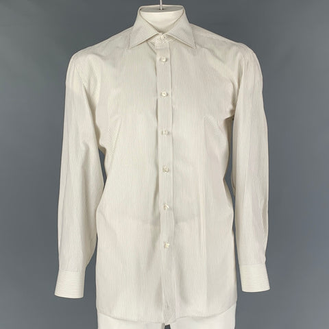 BORRELLI Size L White Stripe Cotton Button Up  Long Sleeve Shirt