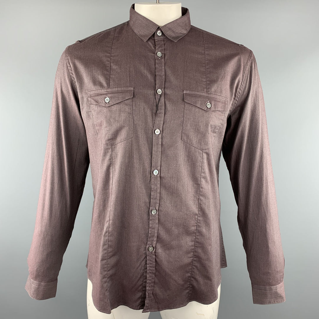 JOHN VARVATOS Size L Brown Solid Cotton Button Up Long Sleeve Shirt