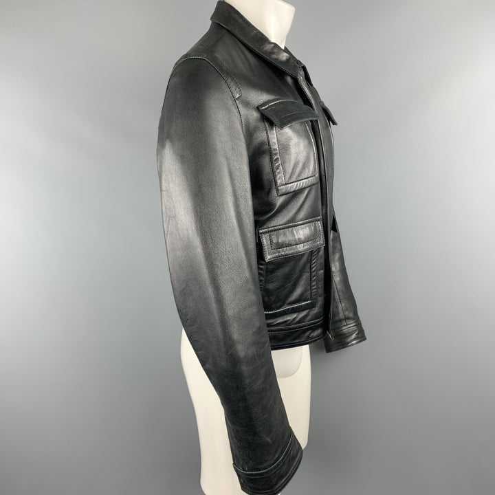GIVENCHY Size 38 Black Leather Collared Flap Pocket Jacket