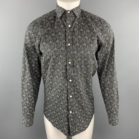RALPH LAUREN BLACK LABEL Size S Black & White Floral Print Cotton Shirt