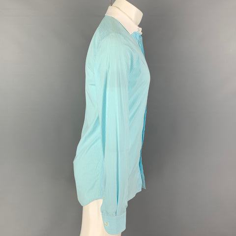 RALPH LAUREN Black Label Size S Aqua Stripe Cotton White Collar Long Sleeve Shirt