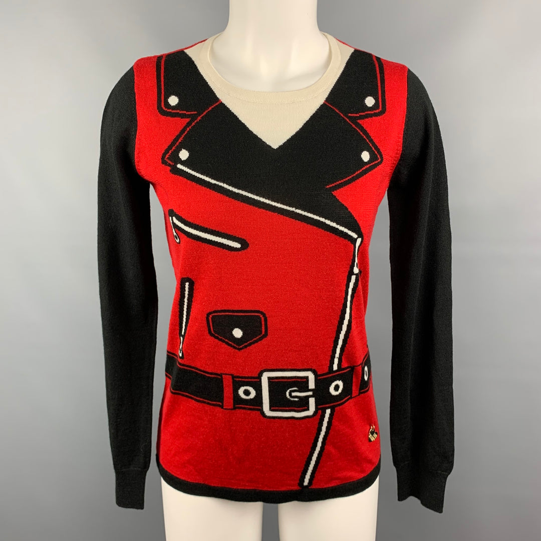 LOVE MOSCHINO Size 6 Black & Red White Wool / Acrylic Printed Pullover