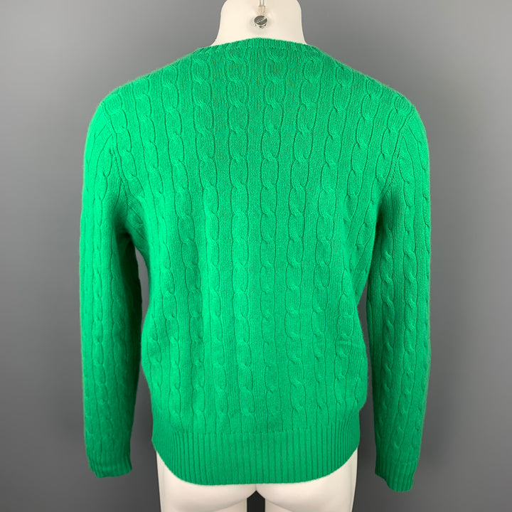 RALPH LAUREN Size M Green Cable Knit Cashmere Crew-Neck Sweater