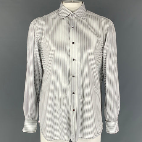 ISAIA Size L Stripe White &  Black Cotton French Cuff  Long Sleeve Shirt