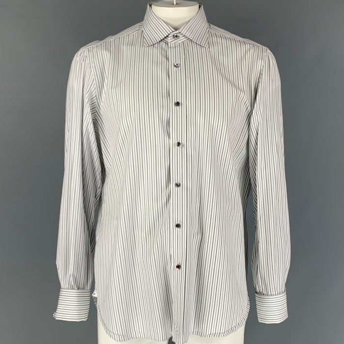 ISAIA Size L Stripe White &  Black Cotton French Cuff  Long Sleeve Shirt