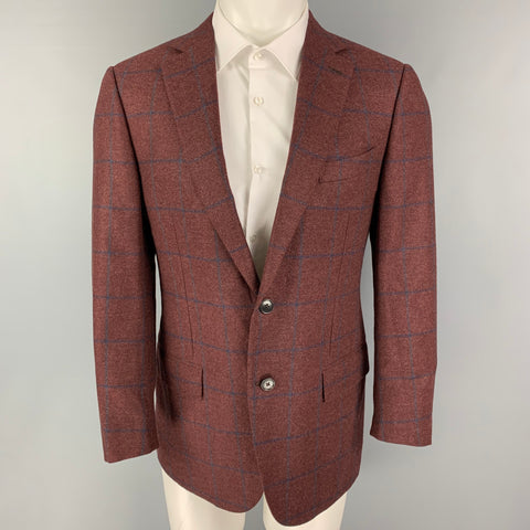 ERMENEGILDO ZEGNA Size 40 Burgundy Navy Window Pane Cashmere Sport Coat