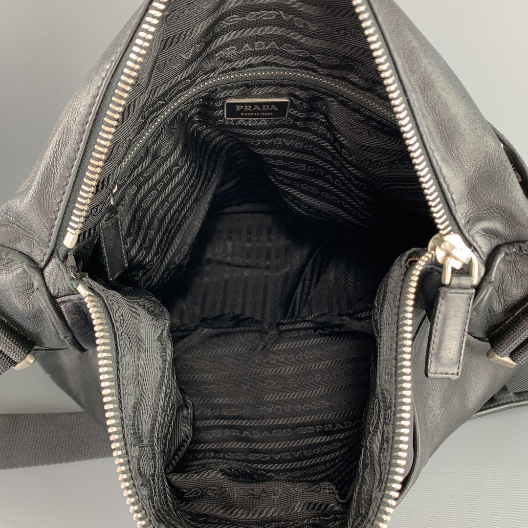 PRADA Black Leather Enamel Logo Crossbody Messenger Bag