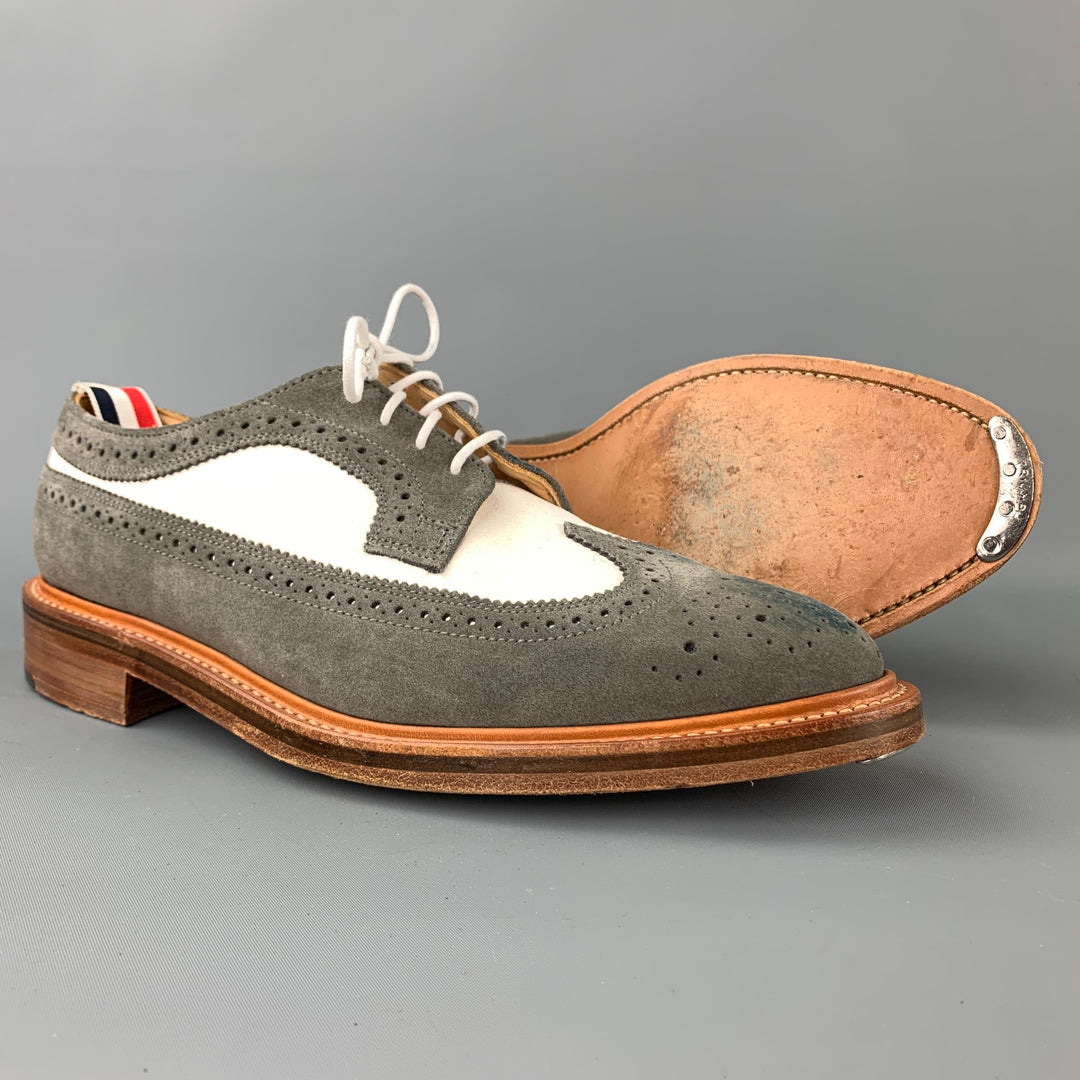 THOM BROWNE Size 9.5 Grey & White Two Toned Suede Wingtip Lace Up Shoes