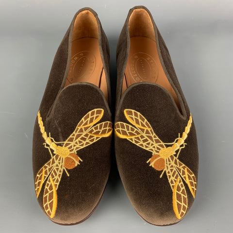 STUBBS & WOOTTON Size 10.5 Brown Dragonfly Motif Embroidery Velvet Slip On Loafers