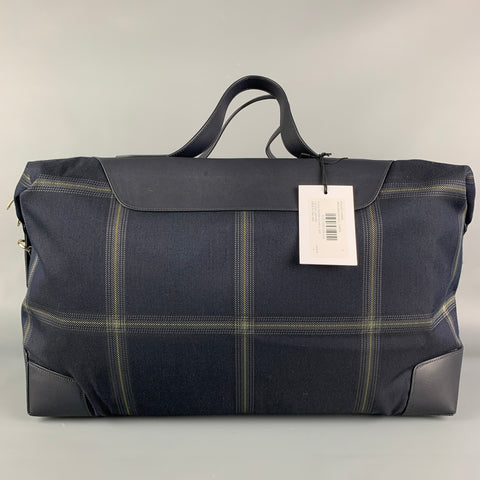 PAUL SMITH Navy Gold Plaid Leather Trim Canvas Weekender Bag