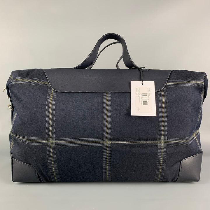 PAUL SMITH Navy Gold Plaid Leather Trim Canvas Weekender Bag