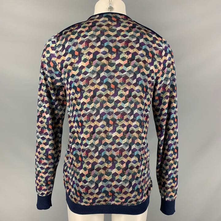 ALEXANDER MCQUEEN Size S  Navy Multicolour Mixed Patterns Silk &  Cotton Cardigan