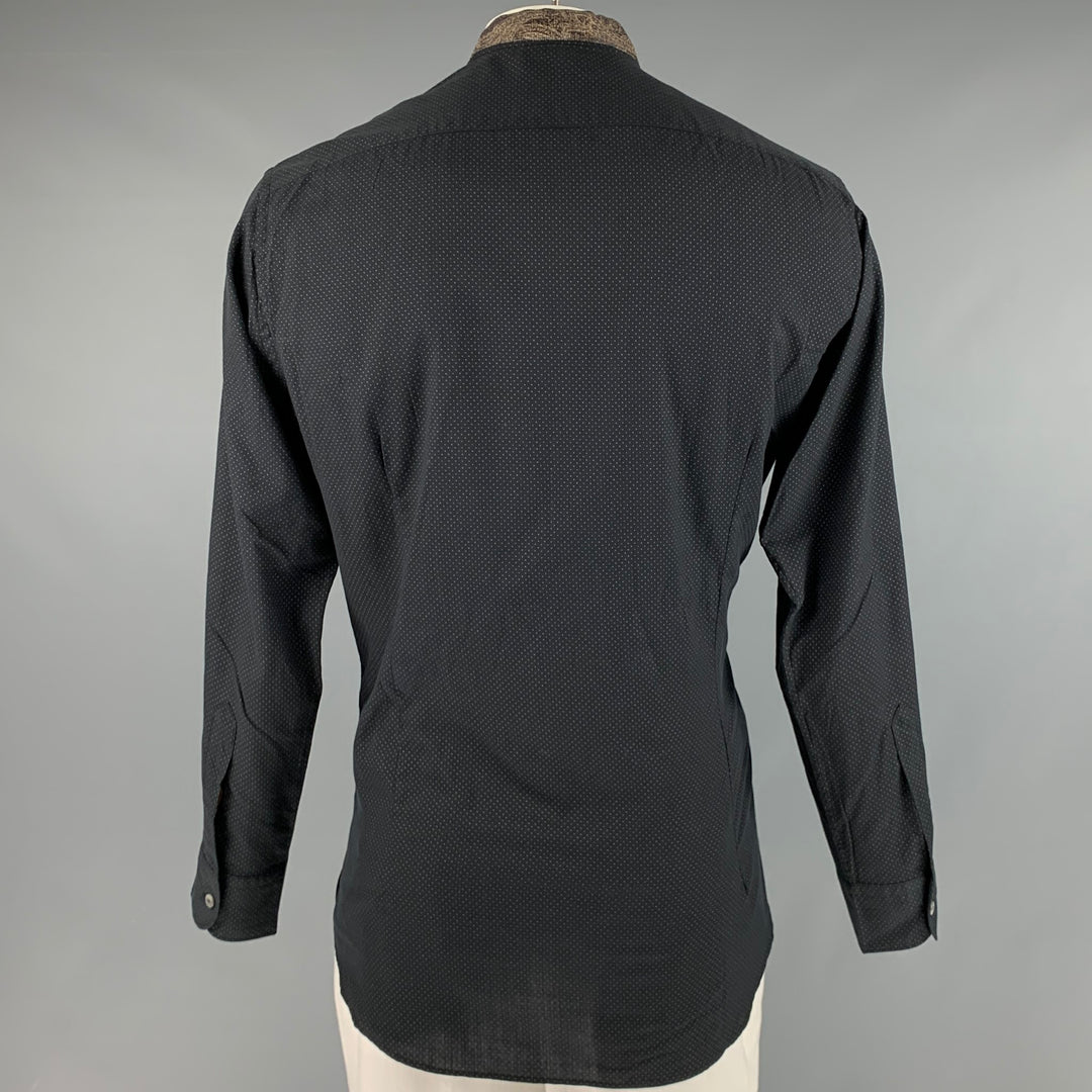 ETRO Size L Black Brown Dots Wool Collarless Long Sleeve Shirt