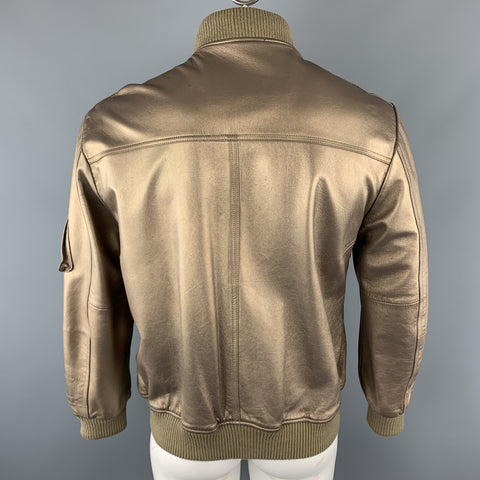 KENNETH COLE 42 Gold Metallic Leather Zip Up Vintage Bomber Style Jacket