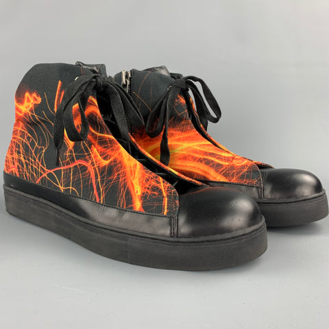 ISSEY MIYAKE Size 11 Black & Orange Print Canvas High Top Sneakers