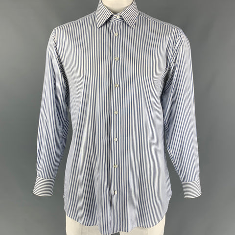 BRIONI Size XL White & Blue Stripe Cotton Button Down Long Sleeve Shirt