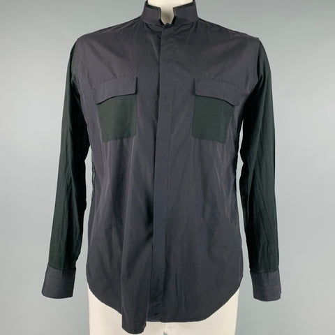 YVES SAINT LAURENT Taille XL Chemise Manches Longues Col Nehru En Coton Noir