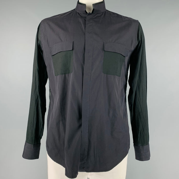 YVES SAINT LAURENT Size XL Black Cotton Nehru Collar Long Sleeve Shirt