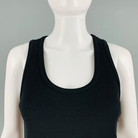 BOTTEGA VENETA Vestido a media pantorrilla de canalé de algodón negro talla S