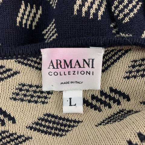 ARMANI COLLEZIONI Size L Navy & Ivory Knitted Cotton / Rayon Crew-Neck Pullover