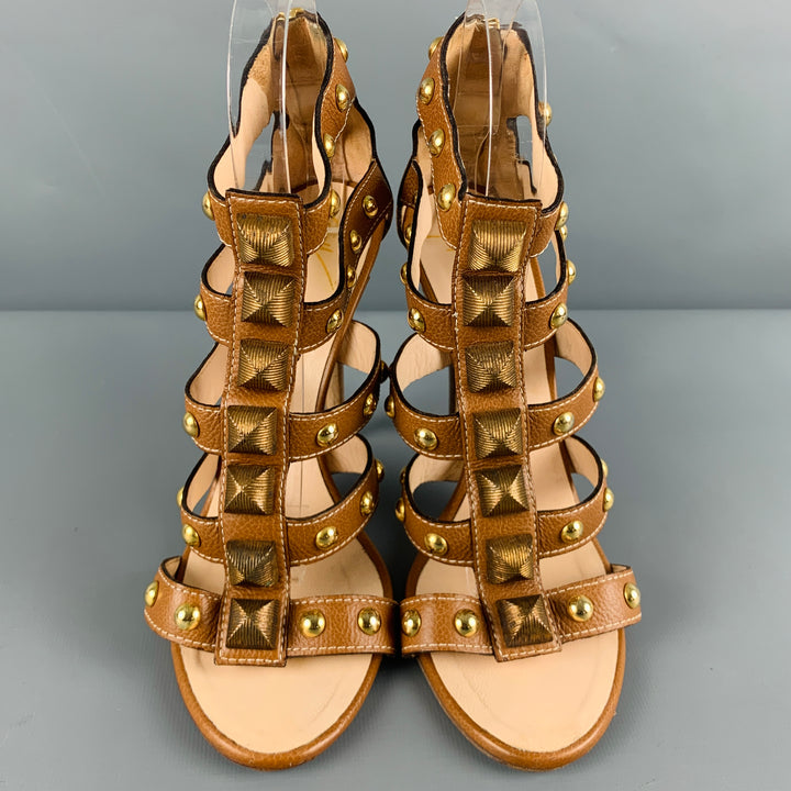 GIUSEPPE ZANOTTI Size 8 Brown Gold Leather Studded Ankle Sandals