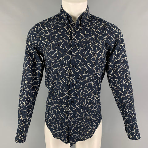 NAKED AND FAMOUS Size S Navy Cream Print Cotton Long Sleeve Shirt