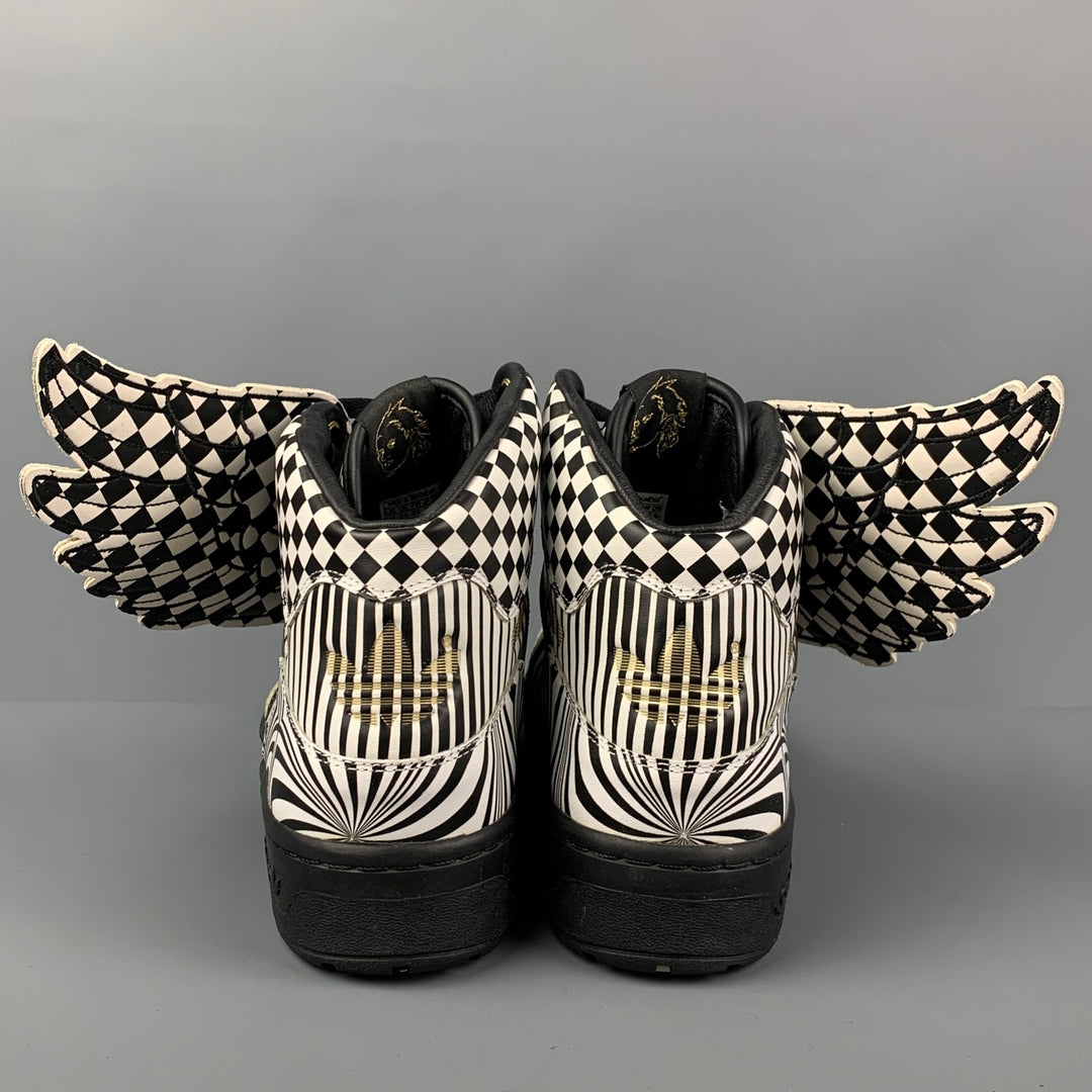JEREMY SCOTT x ADIDAS Size 12 Black White Geometric Leather High Top Wings Opart Sneakers
