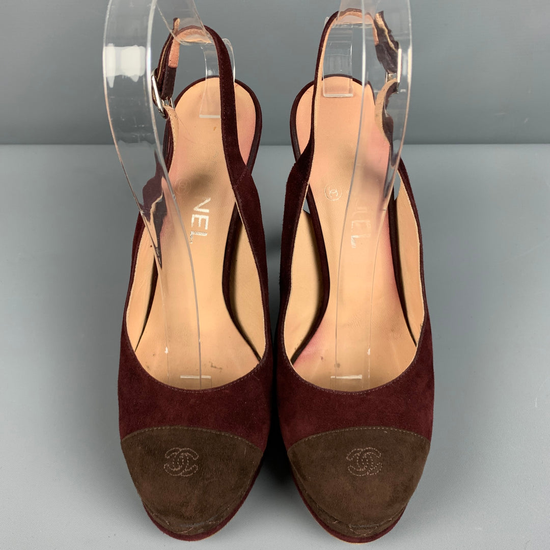 CHANEL Size 7.5 Burgundy Brown Suede Slingback Pumps