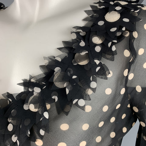 MOSCHINO Size 8 Black & Cream Polk Dot Silk Floral Cardigan Blouse