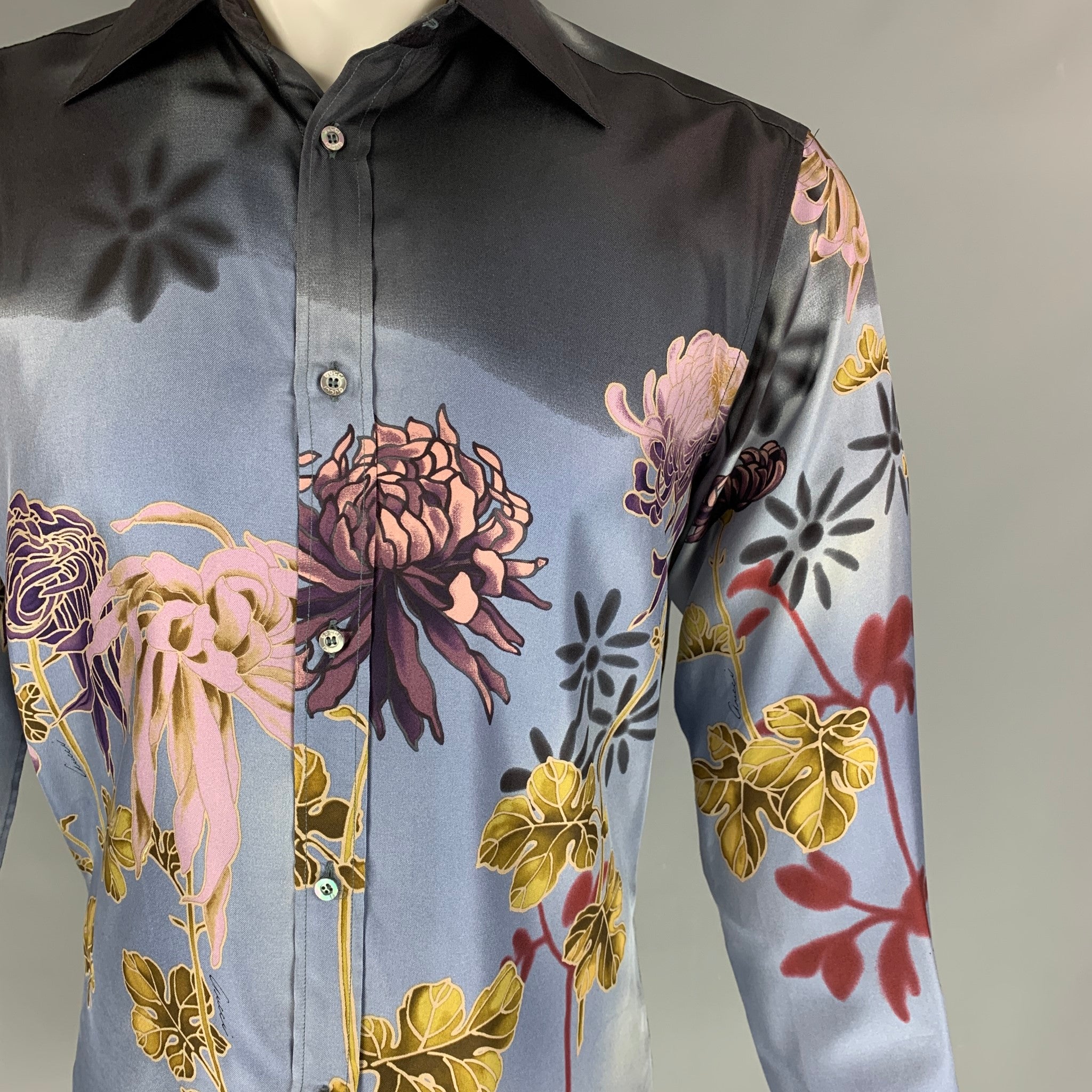GUCCI by Tom Ford 2003aw silk シルクシャツ GUCCI by Tom Ford 2003 Size S Blue Floral Silk Button Up Long