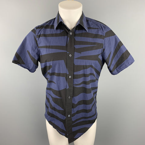 BURBERRY PRORSUM Size M Navy & Black Print Cotton Button Up Short Sleeve Shirt